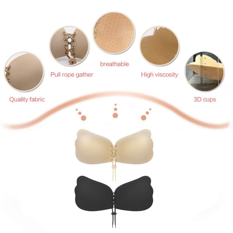 umooie Sticky Bra 2 Pairs Backless, Strapless, Adhesive, Invisible, Push up Bra for Women Stick on, Black and Nude, C Cup - Image 4